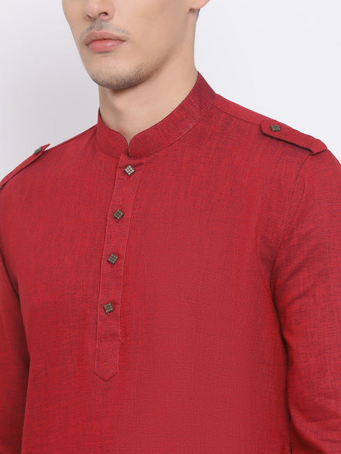 Vastramay Men's Maroon Cotton Blend Kurta and White Dhoti Set